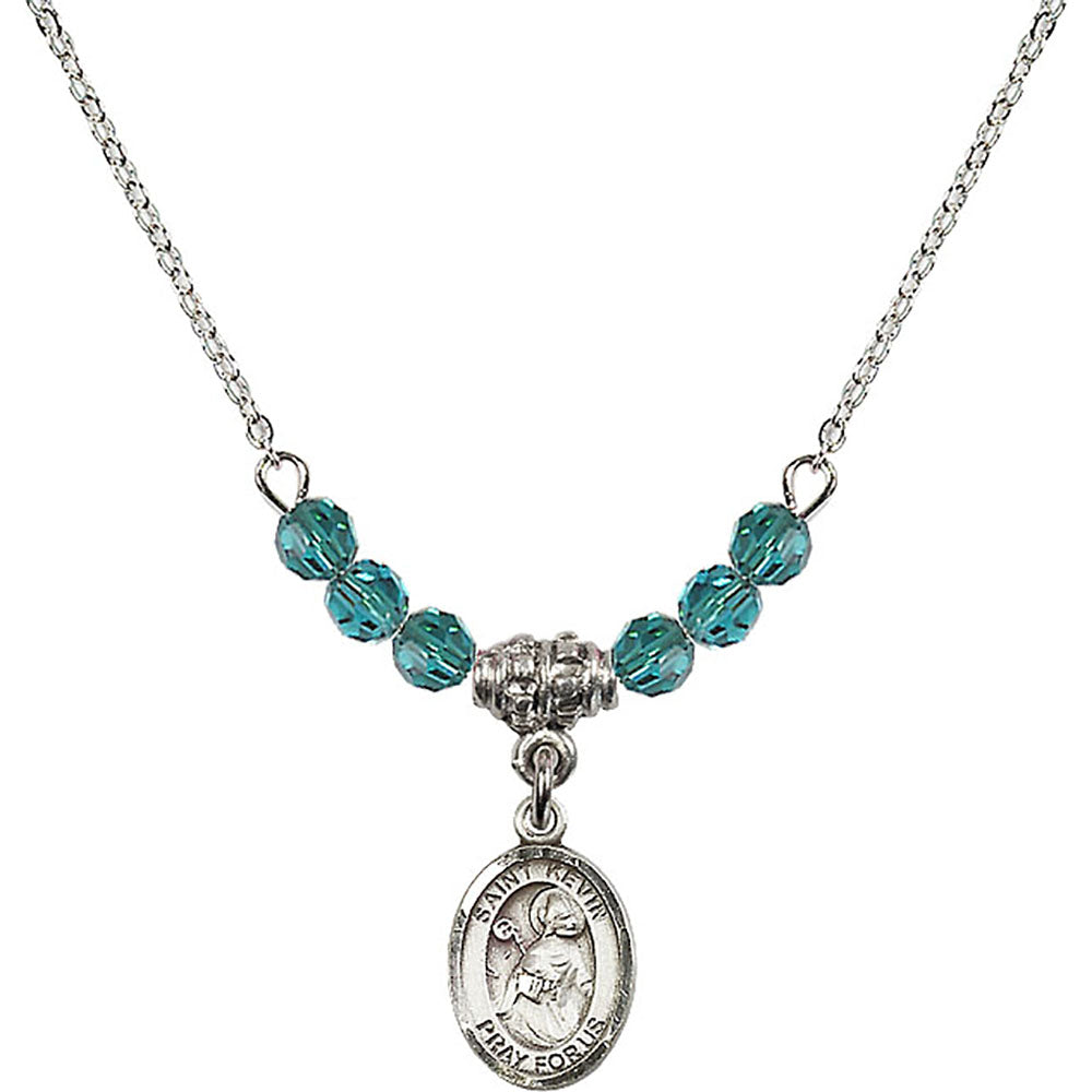 Sterling Silver Saint Kevin Birthstone Necklace with Zircon Beads - 9062