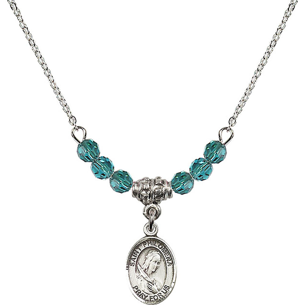 Sterling Silver Saint Philomena Birthstone Necklace with Zircon Beads - 9077