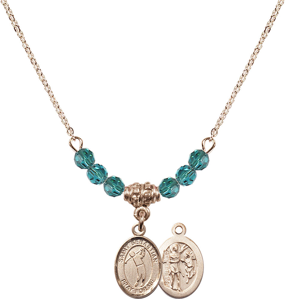 14kt Gold Filled Saint Sebastian/Golf Birthstone Necklace with Zircon Beads - 9162