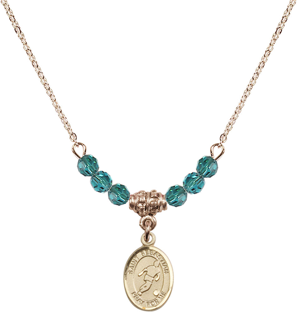 14kt Gold Filled Saint Sebastian/Soccer Birthstone Necklace with Zircon Beads - 9164