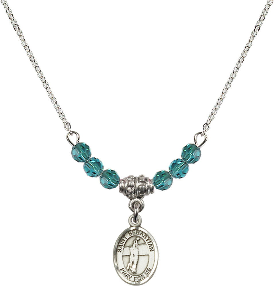 Sterling Silver Saint Sebastian / Volleyball Birthstone Necklace with Zircon Beads - 9186