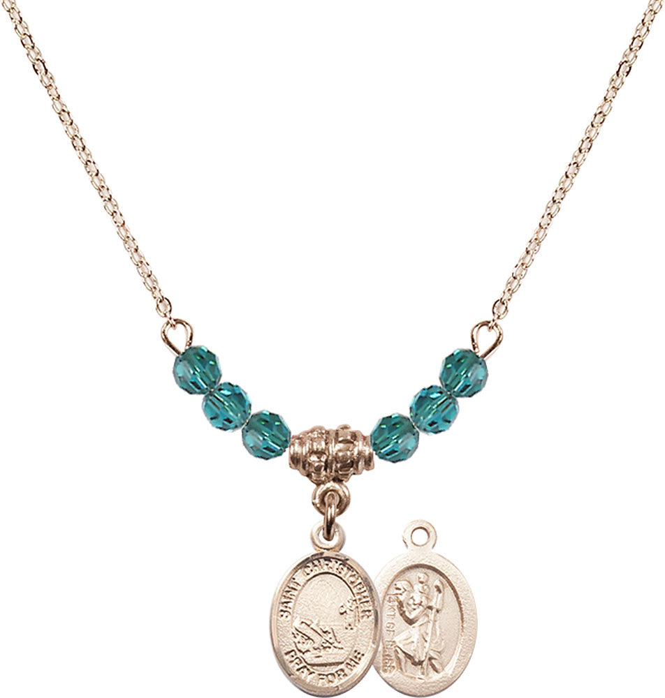 14kt Gold Filled Saint Christopher / Fishing Birthstone Necklace with Zircon Beads - 9196