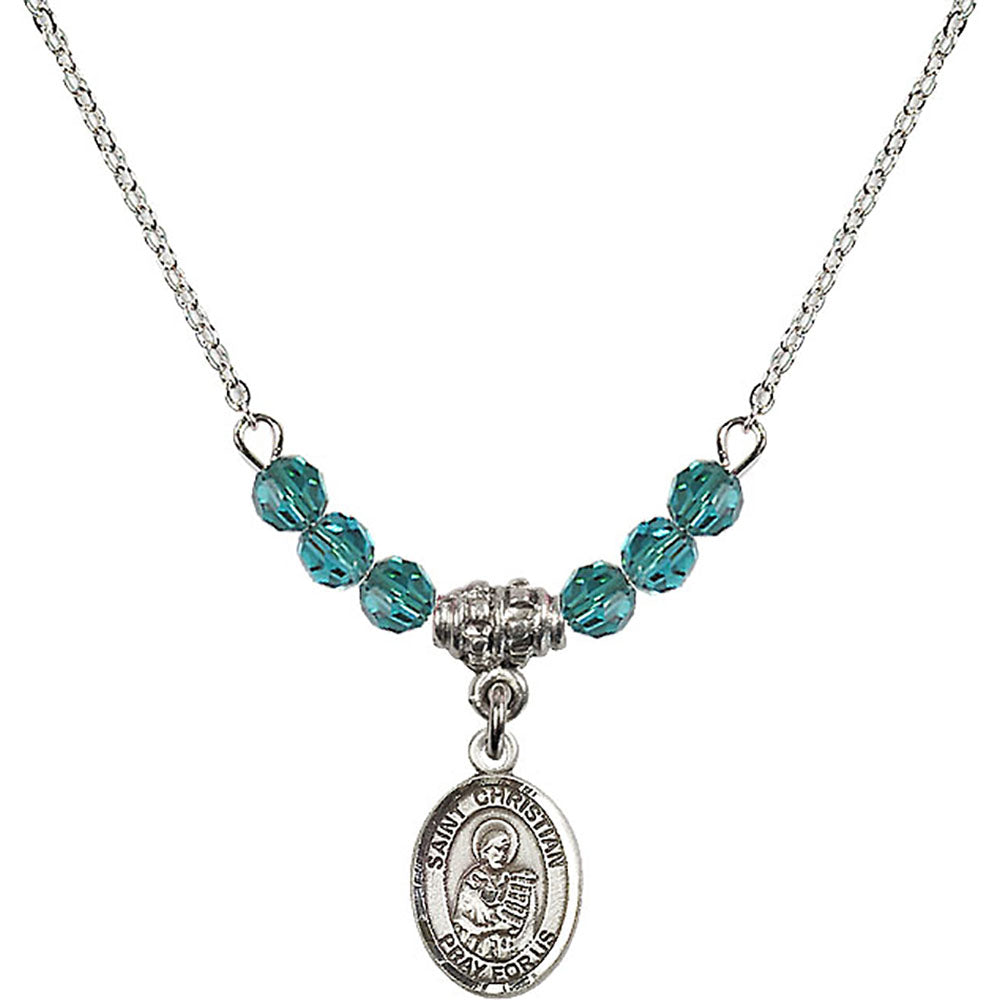 Sterling Silver Saint Christian Demosthenes Birthstone Necklace with Zircon Beads - 9257
