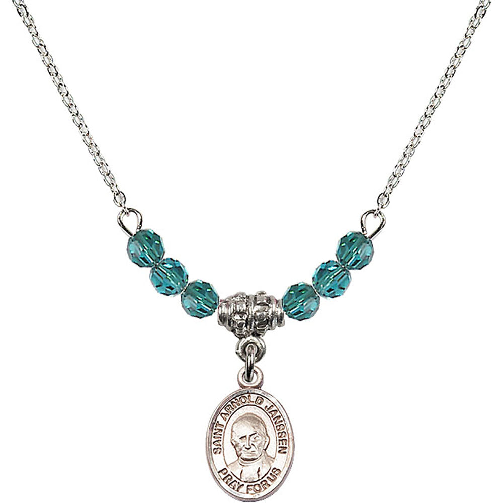 Sterling Silver Saint Arnold Janssen Birthstone Necklace with Zircon Beads - 9328