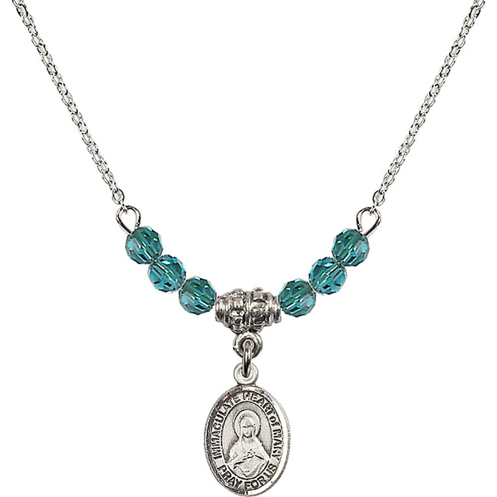 Sterling Silver Immaculate Heart of Mary Birthstone Necklace with Zircon Beads - 9337
