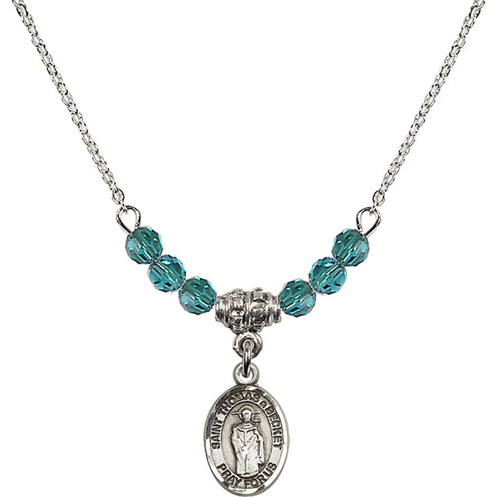 Sterling Silver Saint Thomas A Becket Birthstone Necklace with Zircon Beads - 9344