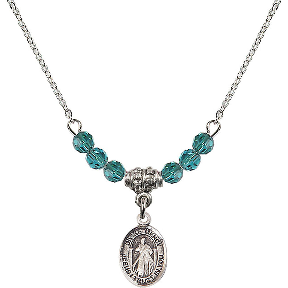 Sterling Silver Divine Mercy Birthstone Necklace with Zircon Beads - 9366