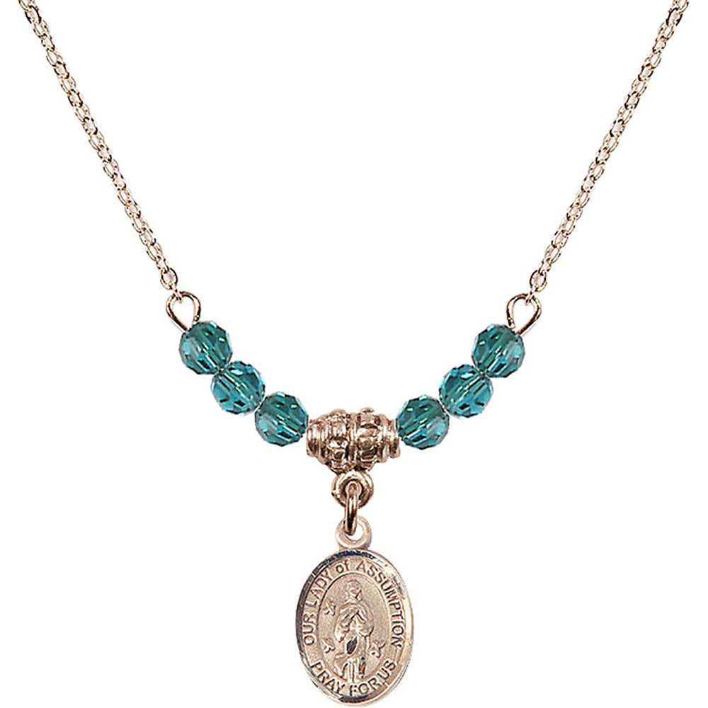 14kt Gold Filled Our Lady of Assumption Birthstone Necklace with Zircon Beads - 9388