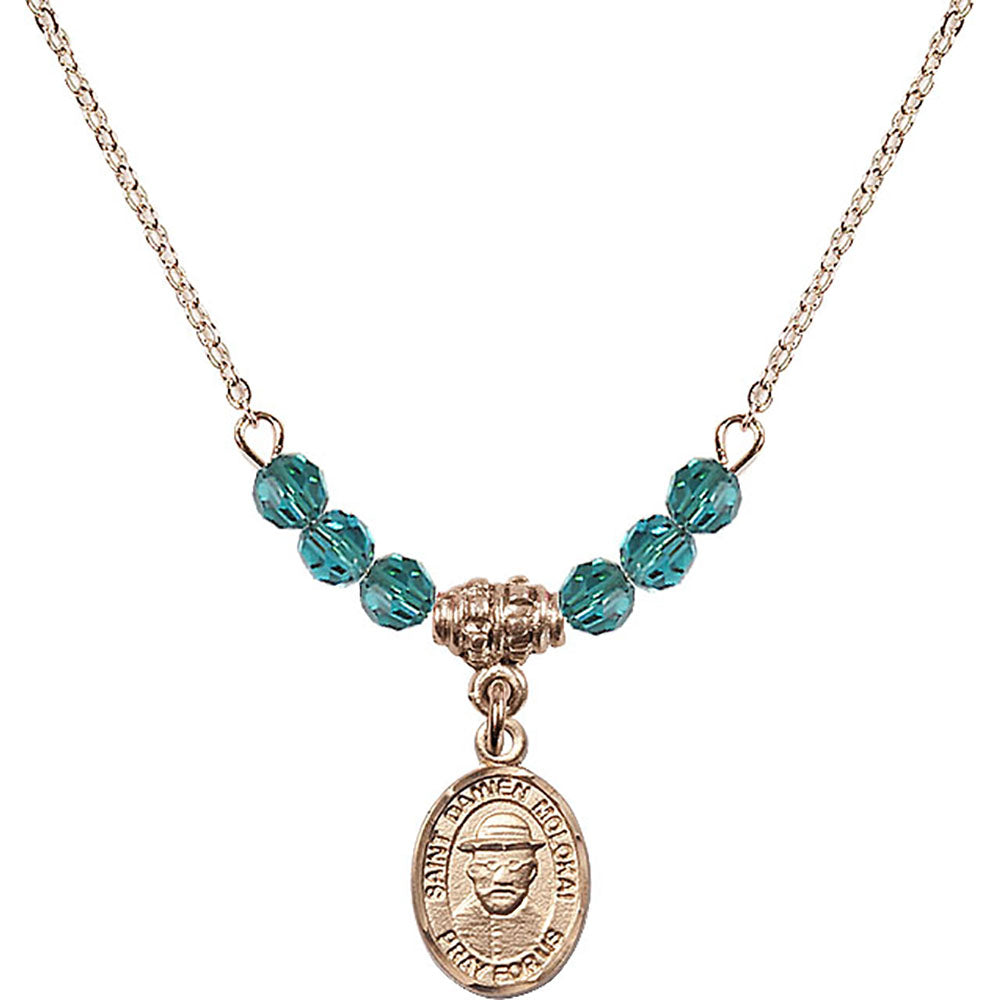 14kt Gold Filled Saint Damien of Molokai Birthstone Necklace with Zircon Beads - 9412