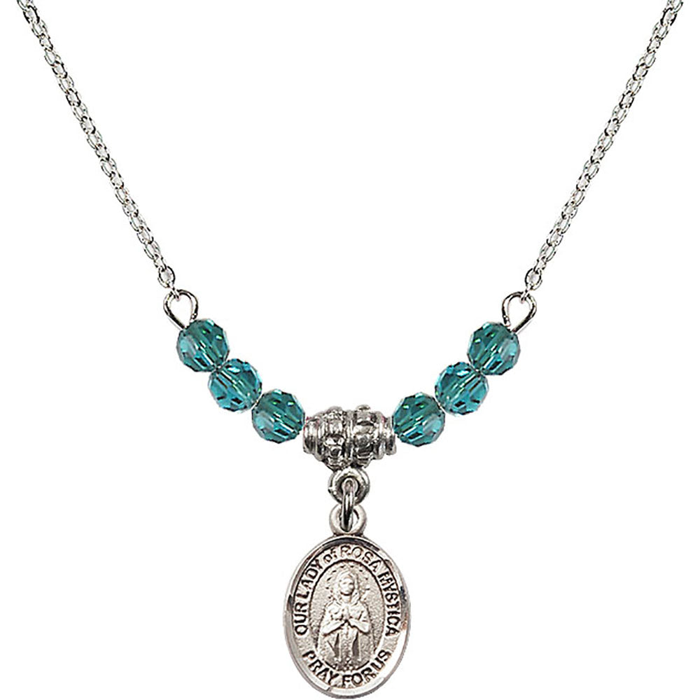 Sterling Silver Our Lady of Rosa Mystica Birthstone Necklace with Zircon Beads - 9413