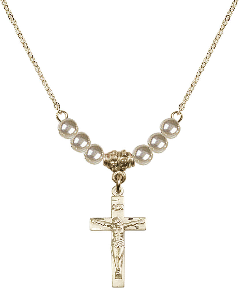 14kt Gold Filled Crucifix Birthstone Necklace with Faux-Pearl Beads - 0001