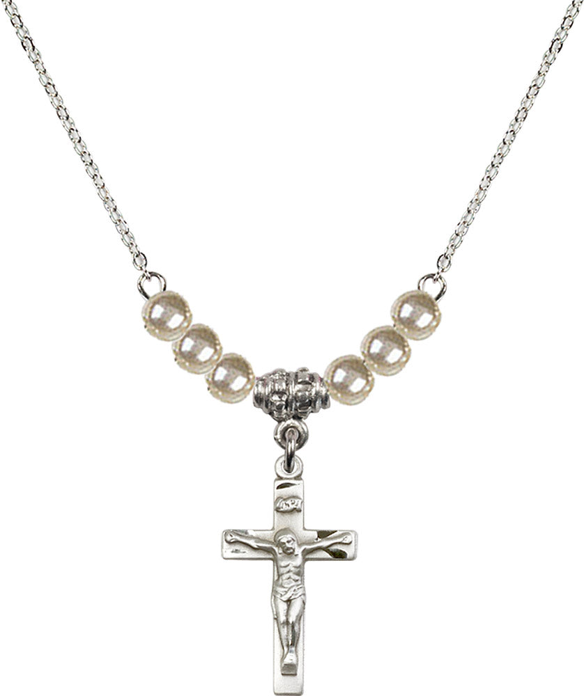 Sterling Silver Crucifix Birthstone Necklace with Faux-Pearl Beads - 0001