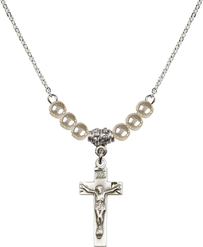 Sterling Silver Crucifix Birthstone Necklace with Faux-Pearl Beads - 0006