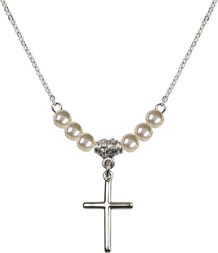 Sterling Silver Cross Birthstone Necklace with Faux-Pearl Beads - 0017