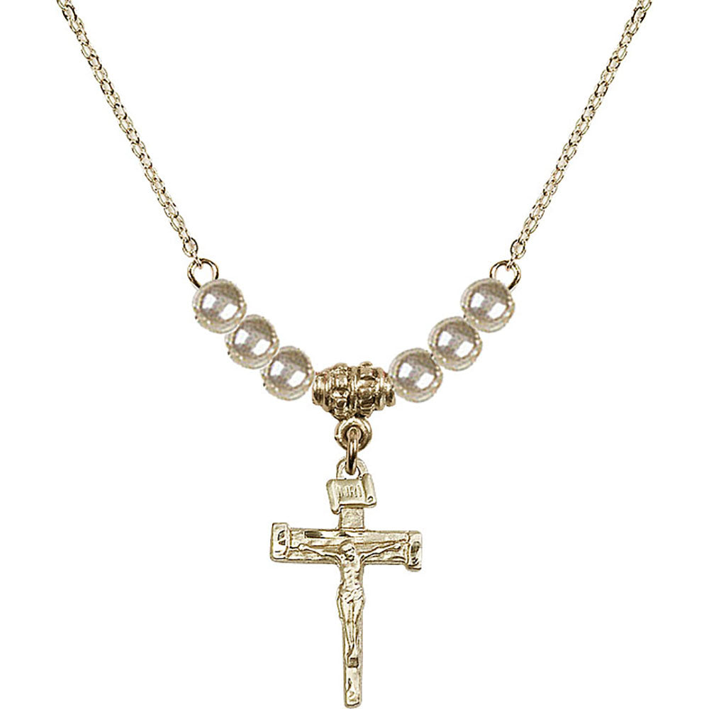 14kt Gold Filled Nail Crucifix Birthstone Necklace with Faux-Pearl Beads - 0072