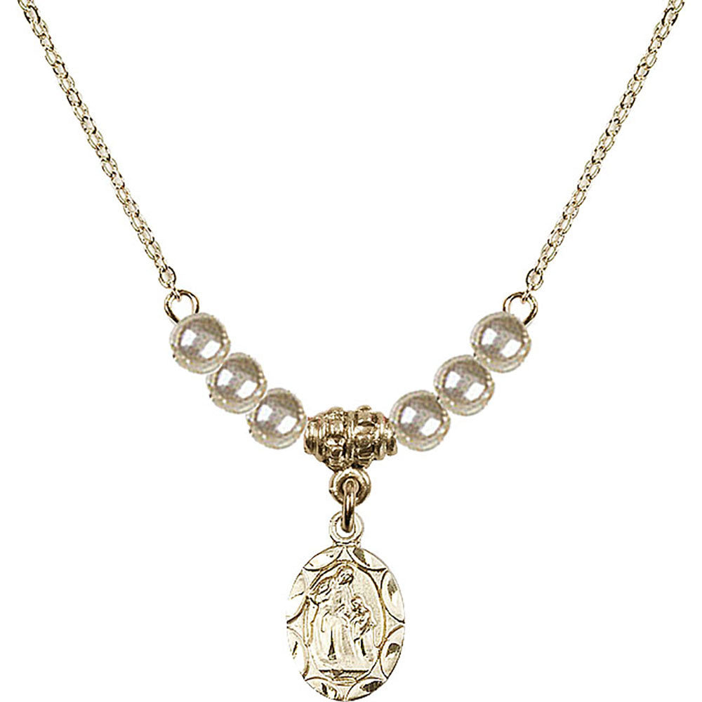 14kt Gold Filled Saint Ann Birthstone Necklace with Faux-Pearl Beads - 0301