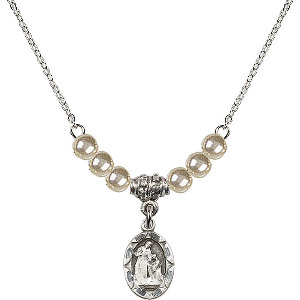 Sterling Silver Saint Ann Birthstone Necklace with Faux-Pearl Beads - 0301