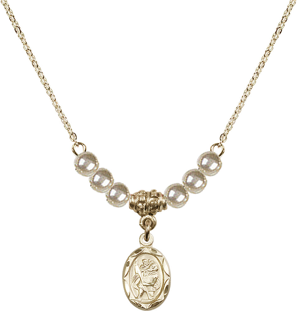 14kt Gold Filled Saint Christopher Birthstone Necklace with Faux-Pearl Beads - 0301