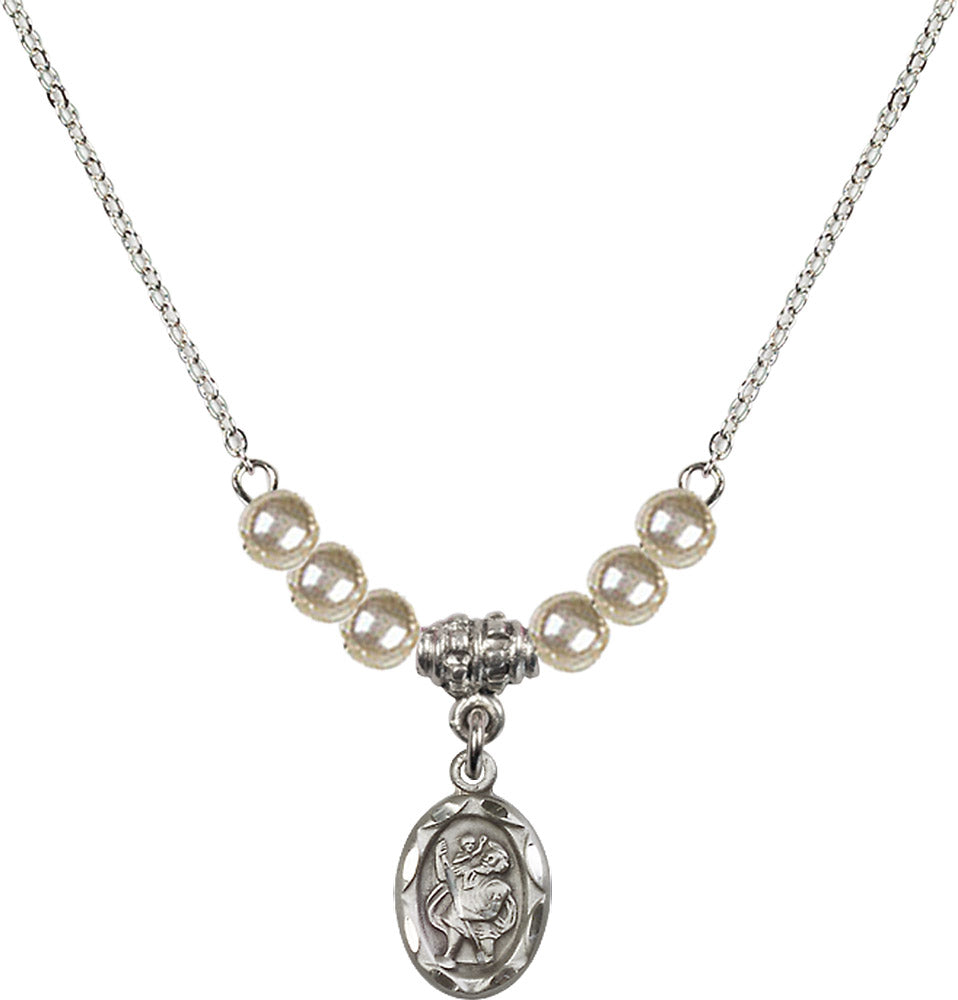 Sterling Silver Saint Christopher Birthstone Necklace with Faux-Pearl Beads - 0301