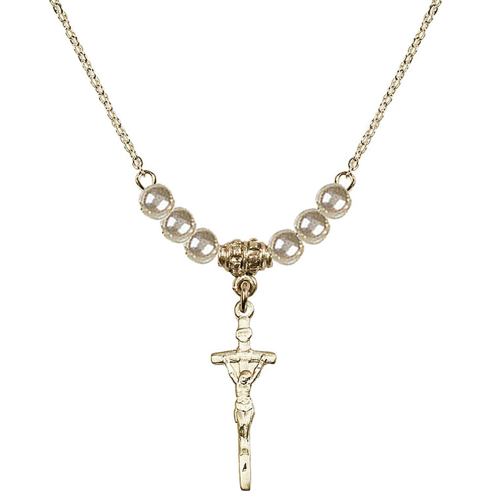 14kt Gold Filled Papal Crucifix Birthstone Necklace with Faux-Pearl Beads - 0563