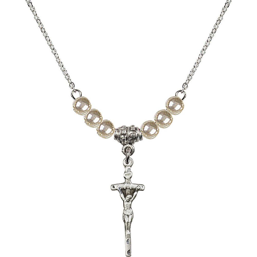 Sterling Silver Papal Crucifix Birthstone Necklace with Faux-Pearl Beads - 0563