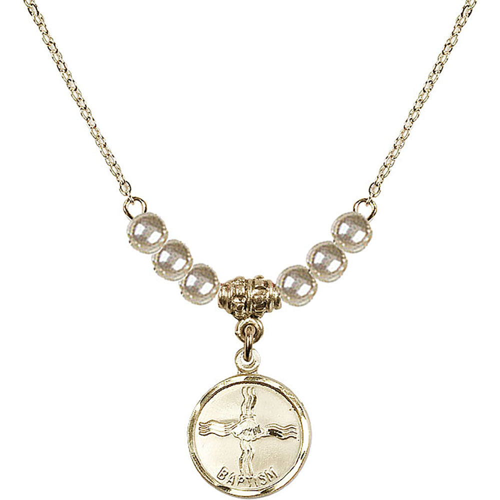 14kt Gold Filled Baptism Birthstone Necklace with Faux-Pearl Beads - 0601
