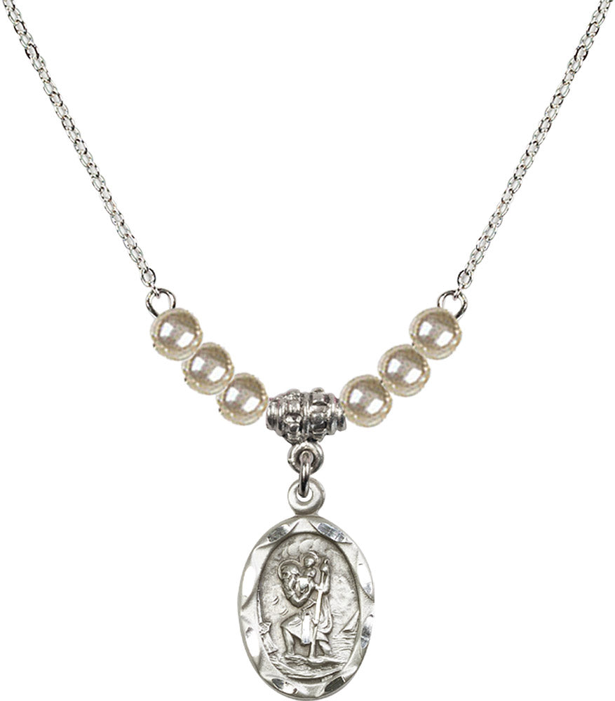 Sterling Silver Saint Christopher Birthstone Necklace with Faux-Pearl Beads - 0612