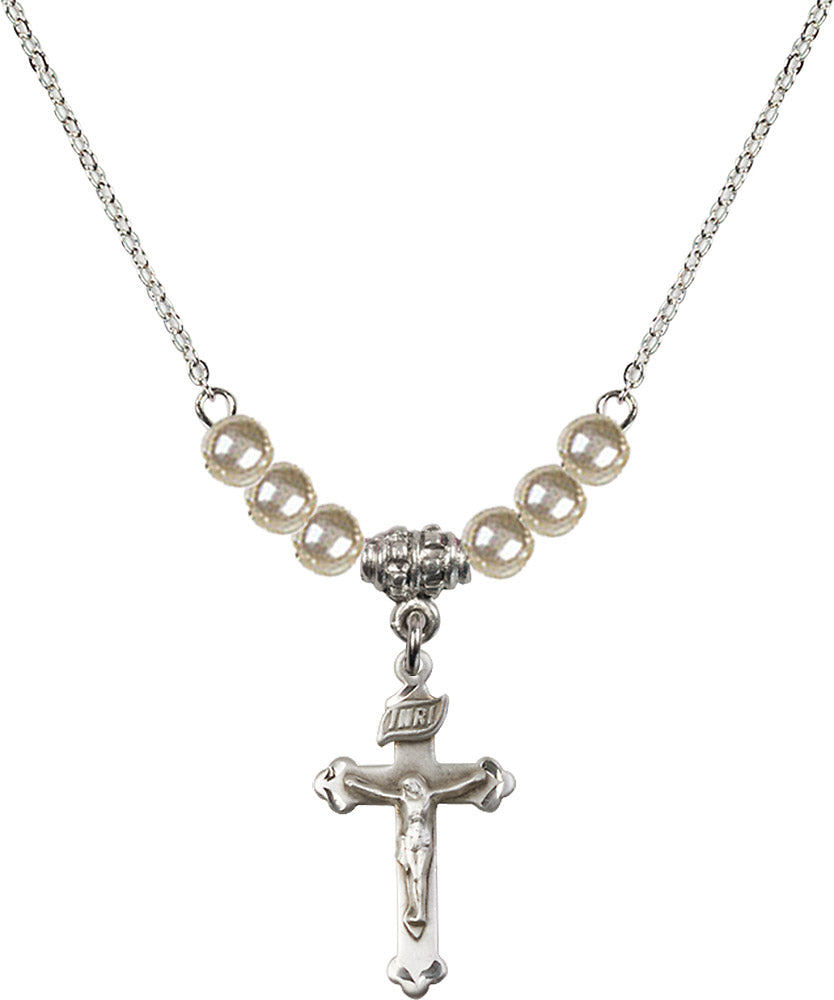 Sterling Silver Crucifix Birthstone Necklace with Faux-Pearl Beads - 0669