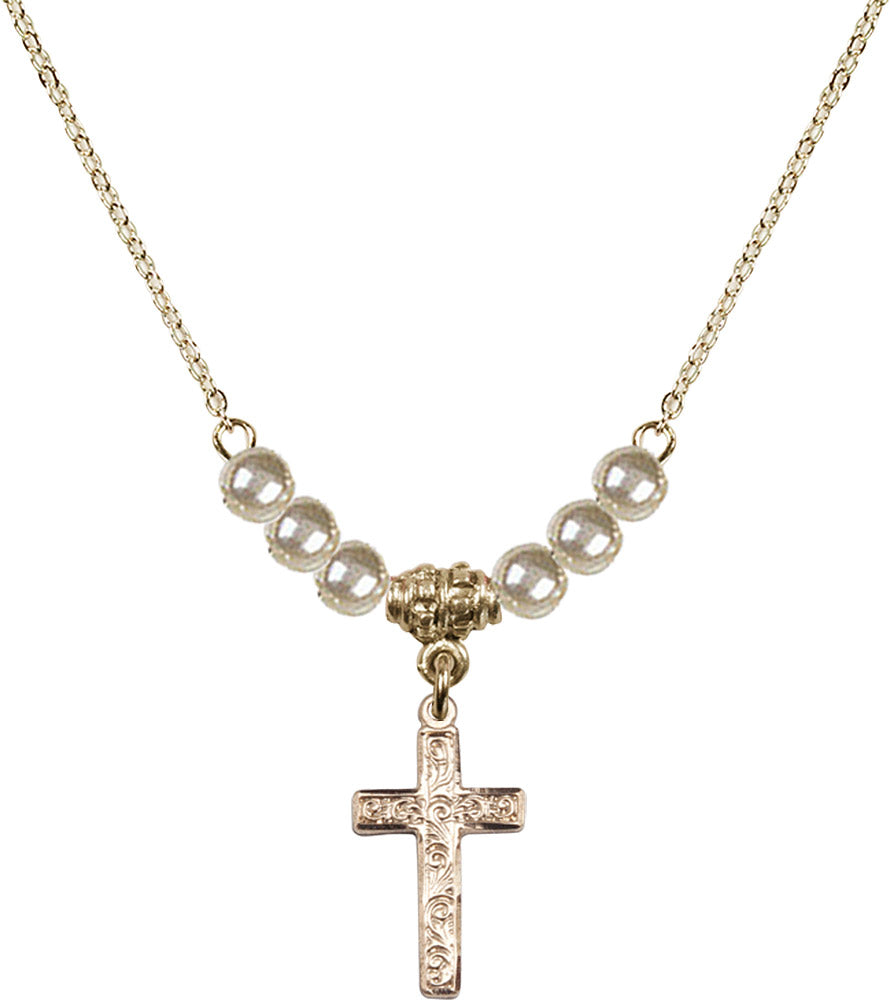 14kt Gold Filled Cross Birthstone Necklace with Faux-Pearl Beads - 0672