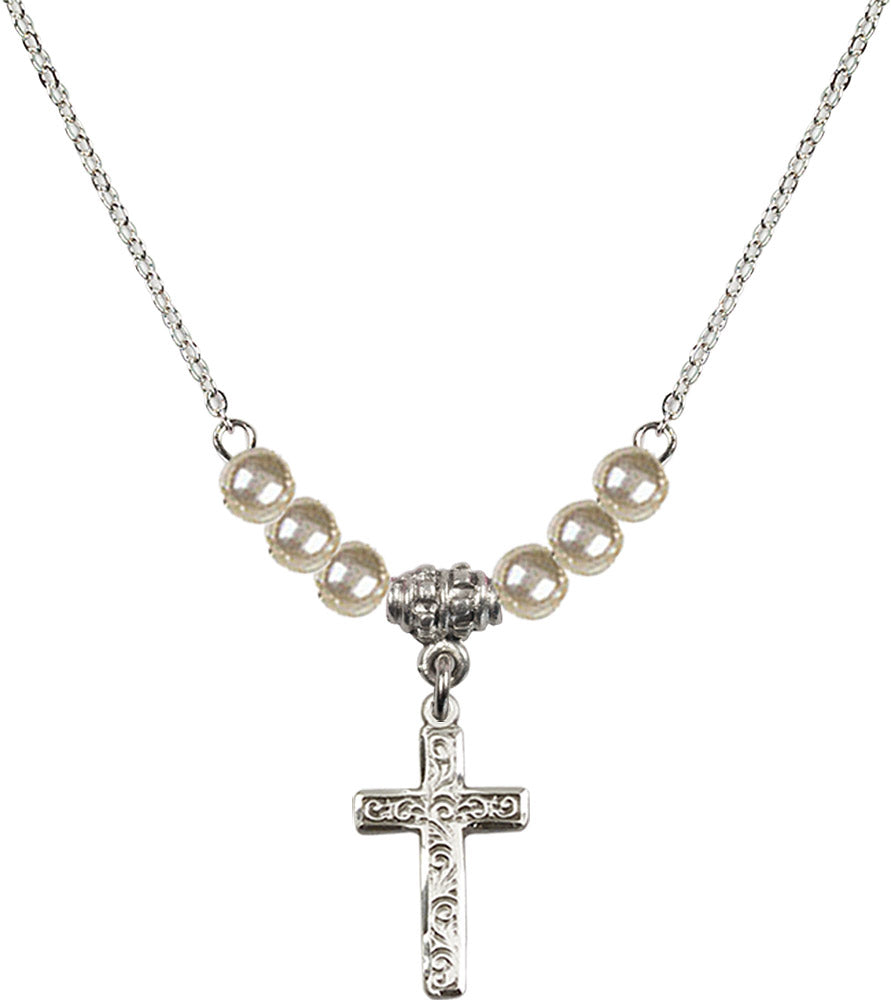 Sterling Silver Cross Birthstone Necklace with Faux-Pearl Beads - 0672