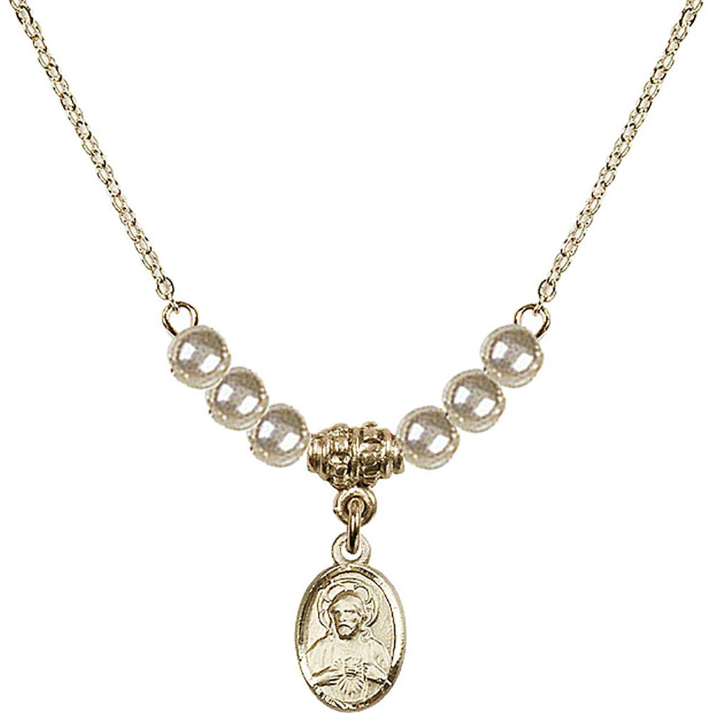 14kt Gold Filled Scapular Birthstone Necklace with Faux-Pearl Beads - 0702