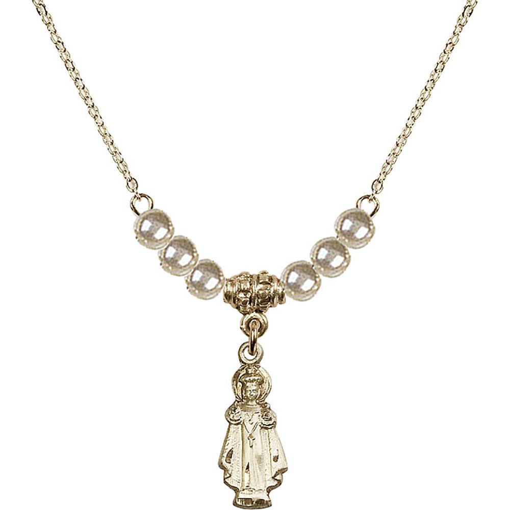 14kt Gold Filled Infant of Prague Birthstone Necklace with Faux-Pearl Beads - 0823