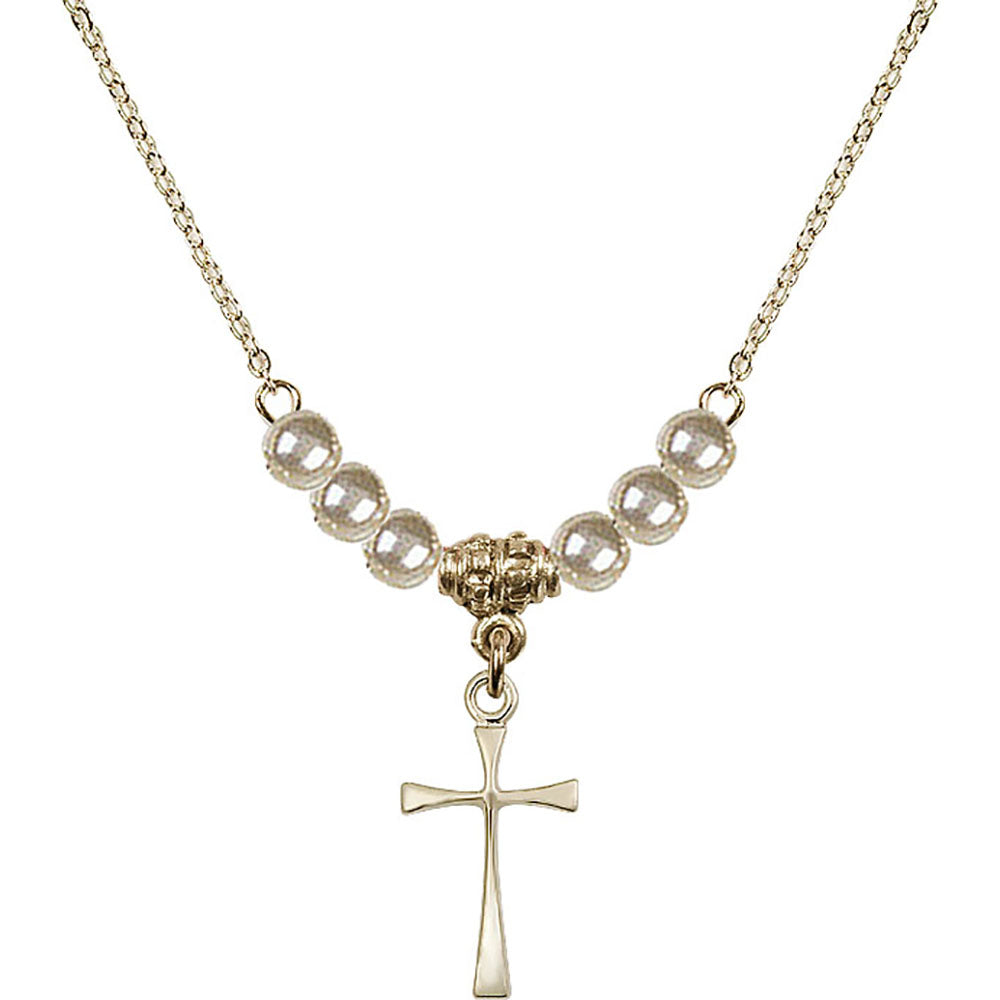 14kt Gold Filled Maltese Cross Birthstone Necklace with Faux-Pearl Beads - 1872