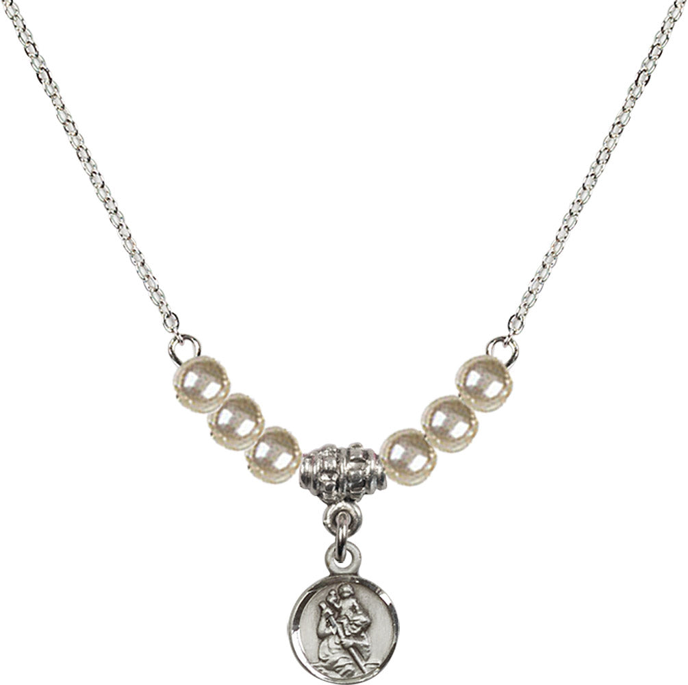 Sterling Silver Saint Christopher Birthstone Necklace with Faux-Pearl Beads - 2343