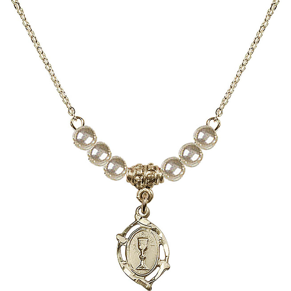 14kt Gold Filled Communion Birthstone Necklace with Faux-Pearl Beads - 3019