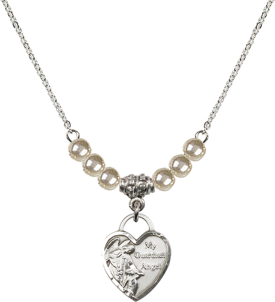 Sterling Silver Guardian Angel Heart Birthstone Necklace with Faux-Pearl Beads - 3402