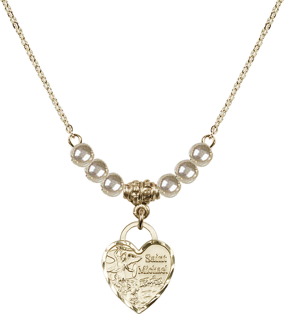 14kt Gold Filled Saint Michael Heart Birthstone Necklace with Faux-Pearl Beads - 3403