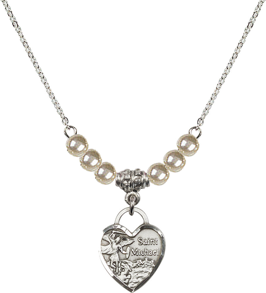 Sterling Silver Saint Michael Heart Birthstone Necklace with Faux-Pearl Beads - 3403
