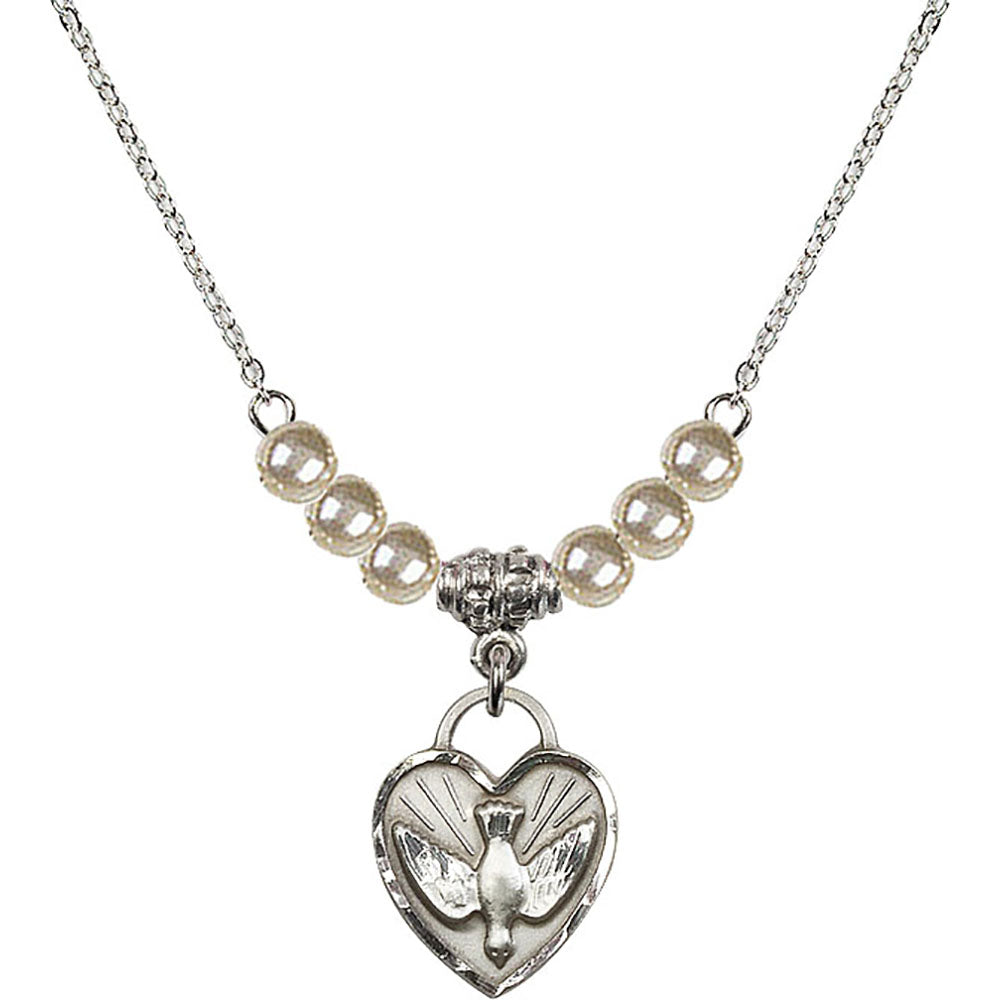 Sterling Silver Confirmation Heart Birthstone Necklace with Faux-Pearl Beads - 3405