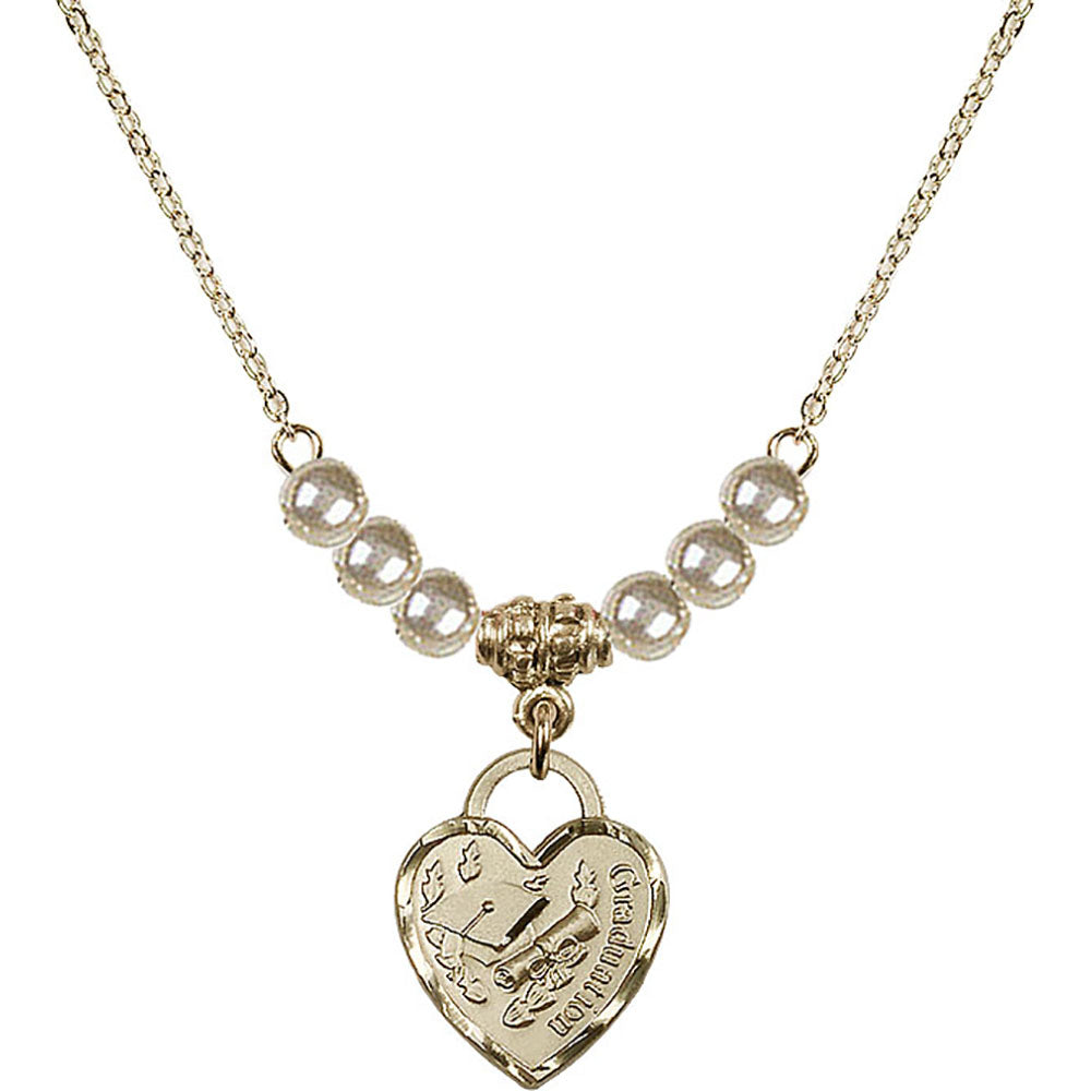 14kt Gold Filled Graduation Heart Birthstone Necklace with Faux-Pearl Beads - 3406
