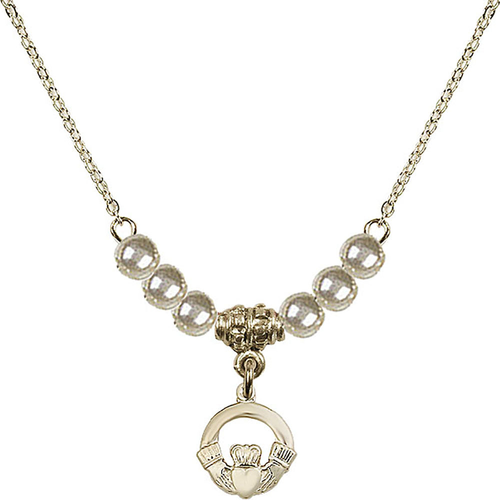 14kt Gold Filled Claddagh Birthstone Necklace with Faux-Pearl Beads - 4113