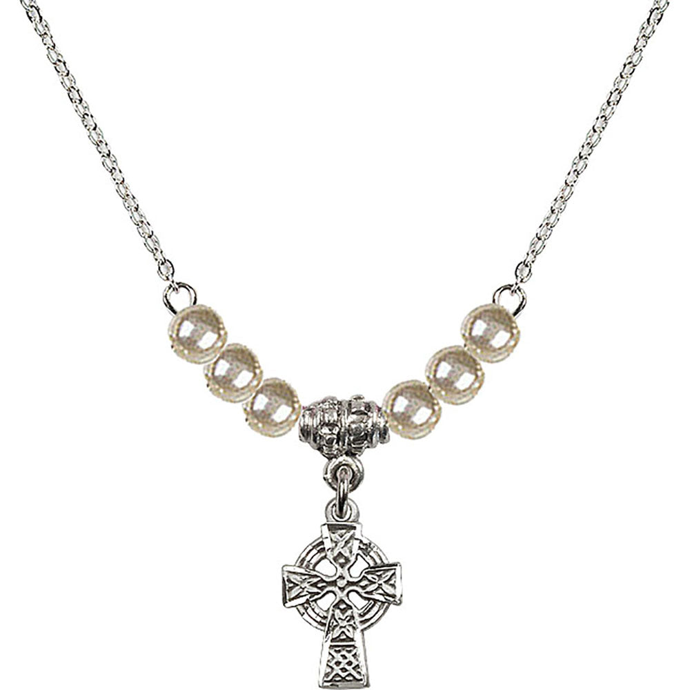 Sterling Silver Celtic Cross Birthstone Necklace with Faux-Pearl Beads - 4133