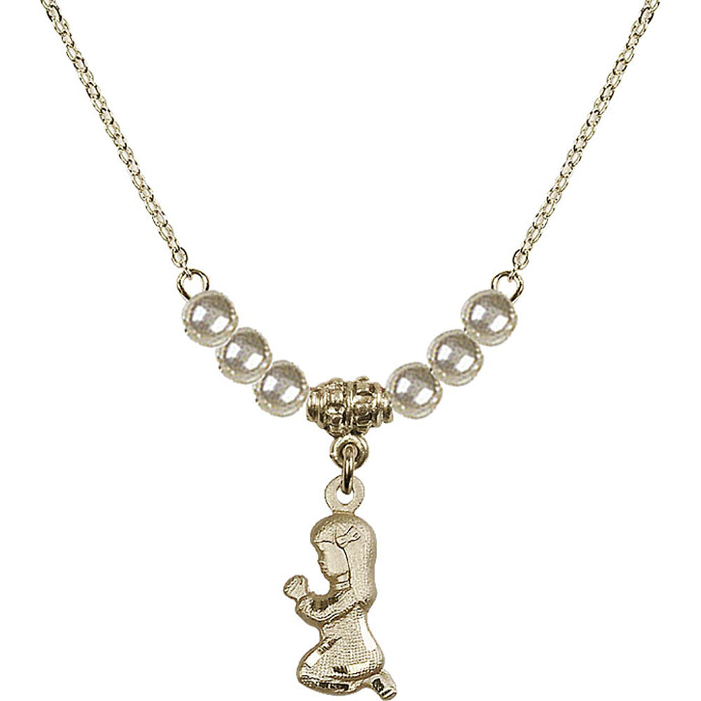 14kt Gold Filled Praying Girl Birthstone Necklace with Faux-Pearl Beads - 4262