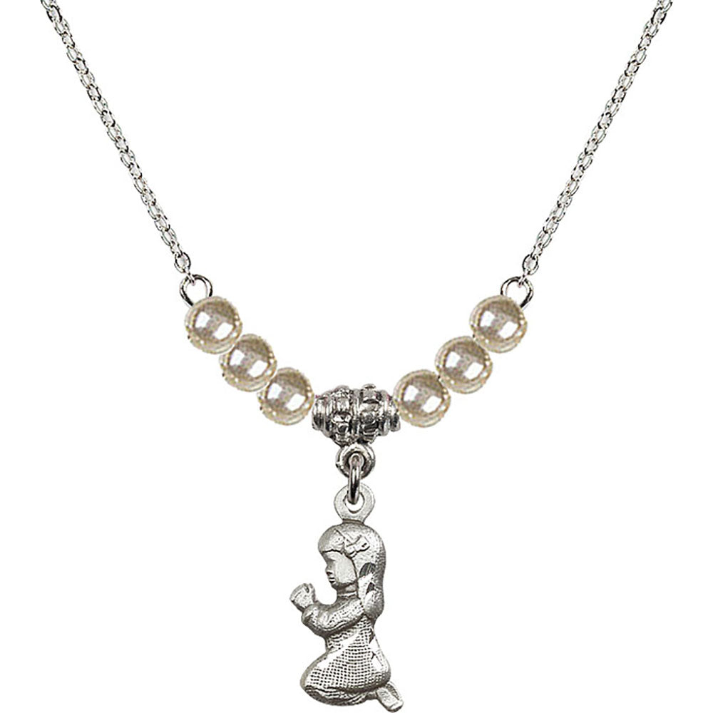 Sterling Silver Praying Girl Birthstone Necklace with Faux-Pearl Beads - 4262