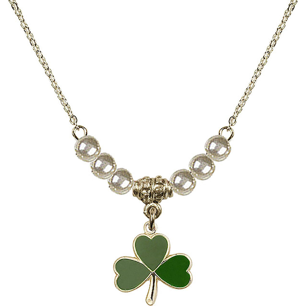 14kt Gold Filled Shamrock Birthstone Necklace with Faux-Pearl Beads - 5243