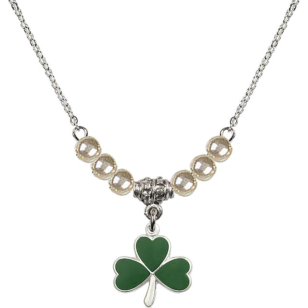 Sterling Silver Shamrock Birthstone Necklace with Faux-Pearl Beads - 5243