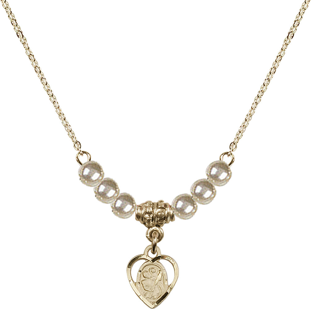 14kt Gold Filled Saint Christopher Birthstone Necklace with Faux-Pearl Beads - 5403