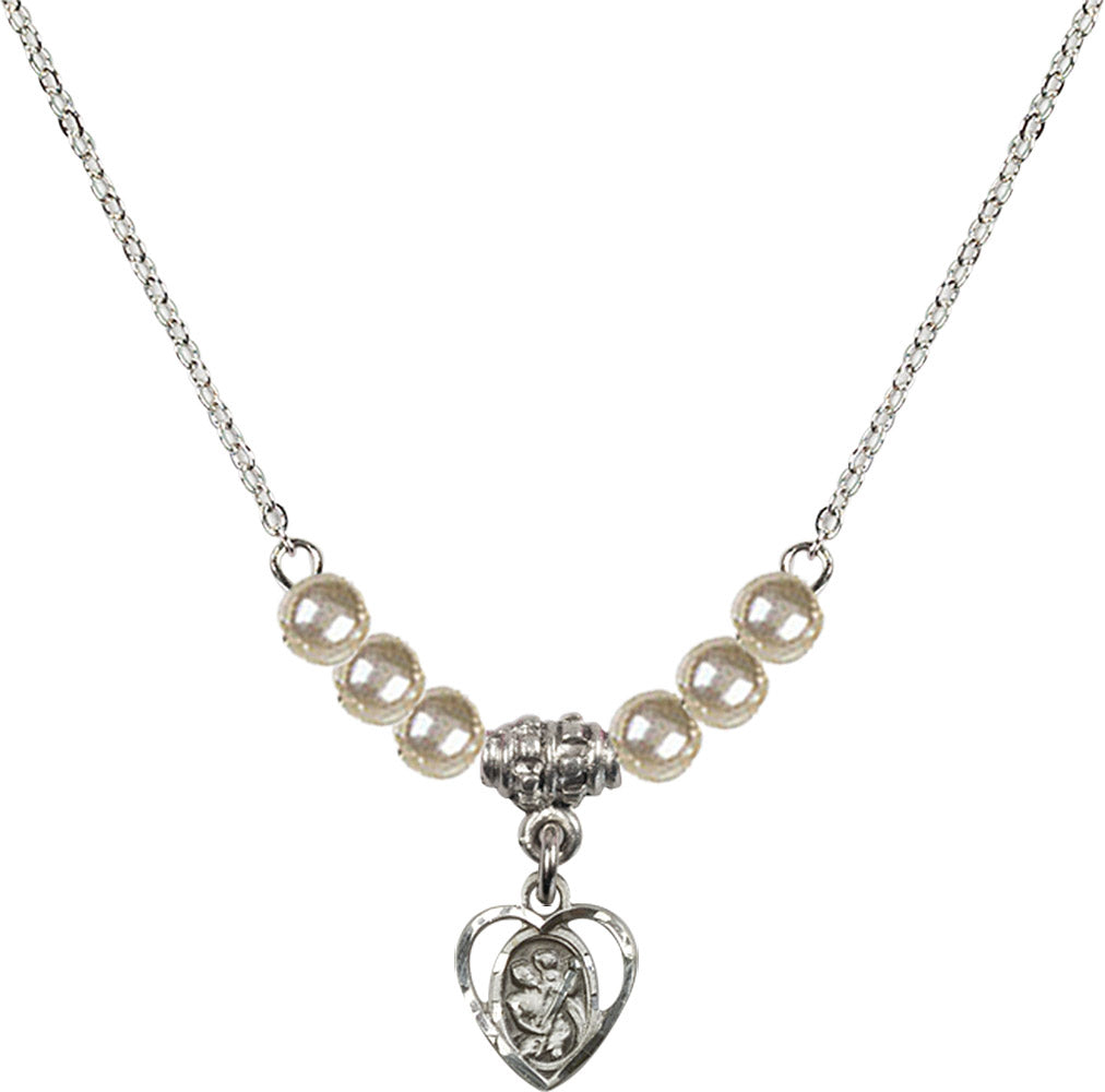 Sterling Silver Saint Christopher Birthstone Necklace with Faux-Pearl Beads - 5403