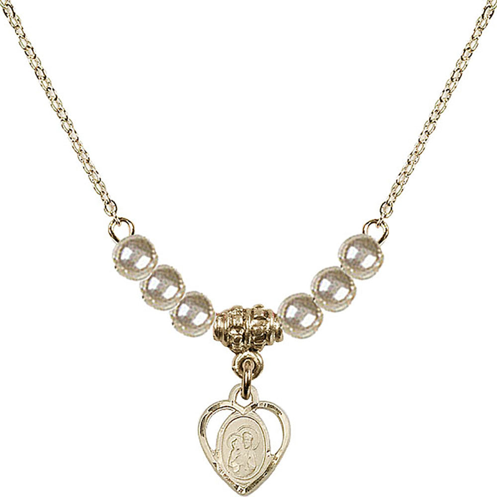14kt Gold Filled Saint Ann Birthstone Necklace with Faux-Pearl Beads - 5414