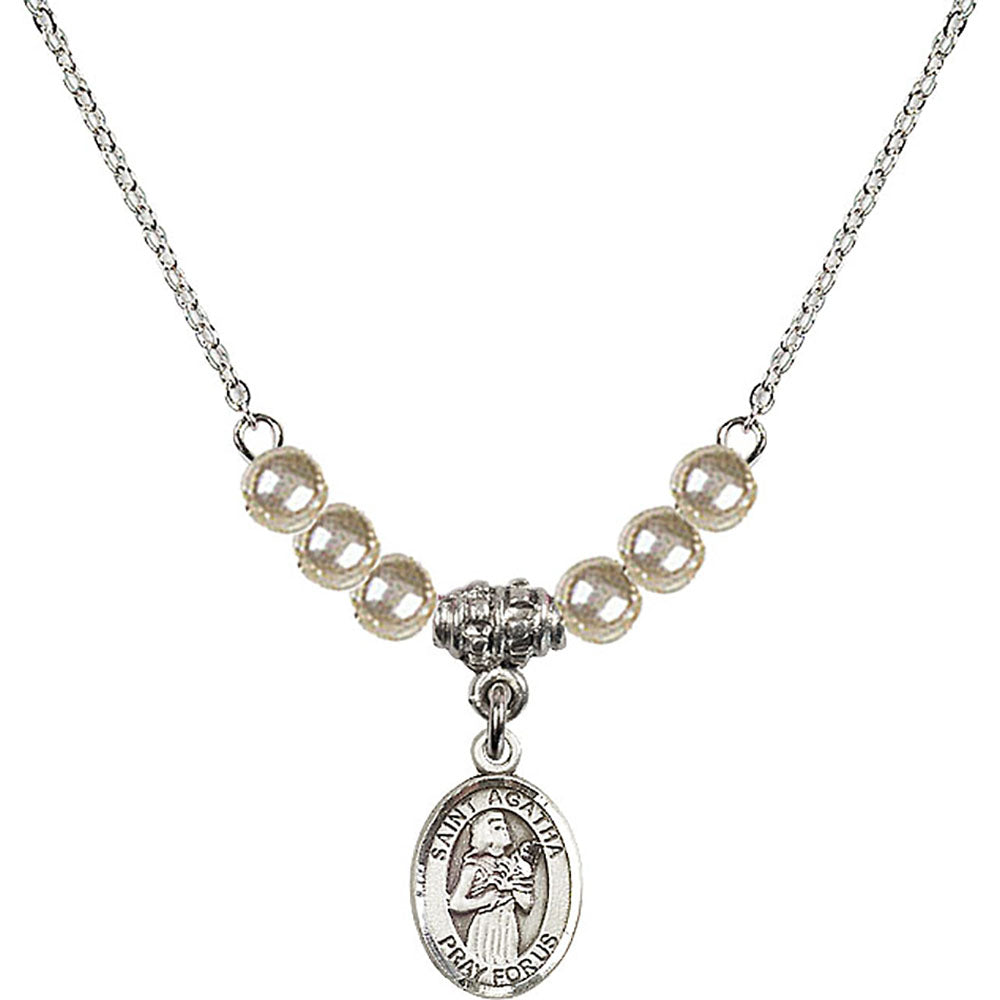 Sterling Silver Saint Agatha Birthstone Necklace with Faux-Pearl Beads - 9003